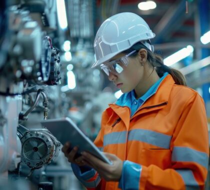 Engineer using a tablet on a machine factory hardhat helmet.